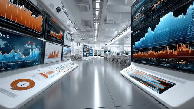Stock Market Analysis Display: A cutting-edge, modern analysis room showcases a plethora of real-time market data visualizations on numerous displays.