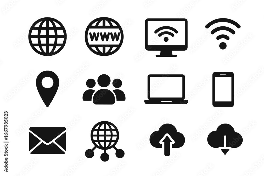Poster internet and communication solid icon set. global connectivity and network symbols. vector collectio