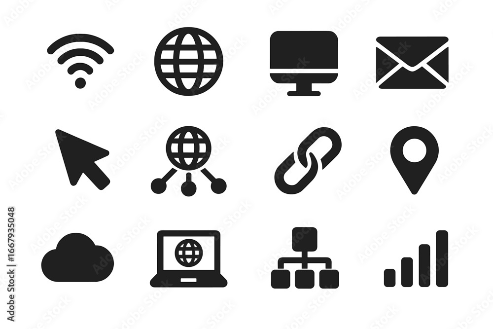Poster web and internet solid glyph icon set. digital communication, global network, and technology symbols