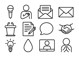 Public Apology Icons. Outline icon set of public apology: microphone, hand over heart, open letter, envelope,