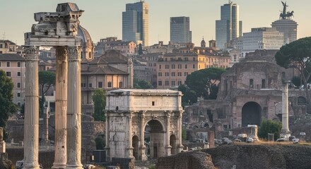Photo of the ancient roman forum stands in contrast to the modern skyline of rome, blending history and contemporary life