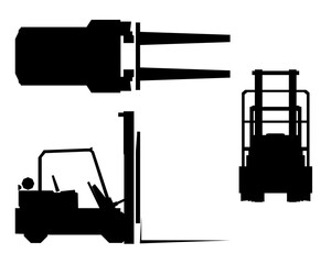 Forklift truck silhouette in black and white clipart style, isolated on a clean white background with clearly defined vehicle details.