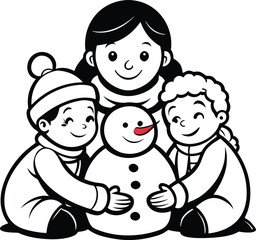 Snowman Mother Hugging Children Close In Snow