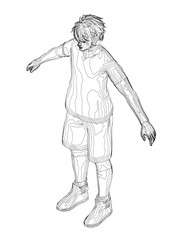 A determined boy in a basketball uniform stands with arms outstretched, wearing headphones and a focused expression against a clean white background.