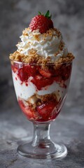 Strawberry dessert parfait in a glass dish