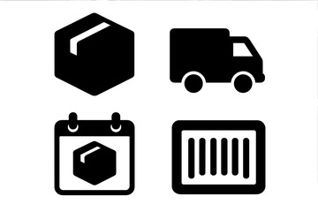 Delivery icons set for logistics and shipping. Solid glyph symbols for e-commerce. Includes package, truck, due date calendar, and barcode. Vector for web and app design.