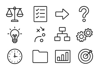 Decision Icons Grid. Outline icon set of decision making process: scale, checklist, arrow, question mark,