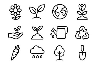 Nature and gardening outline icon set. Ecology, sustainability, and environment concepts. Vector line art collection of floral, plant growth, earth, and recycling symbols.