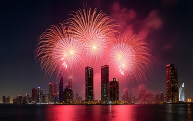 Fireworks over Abu Dhabi cityscape for the UAE national day cele. High quality