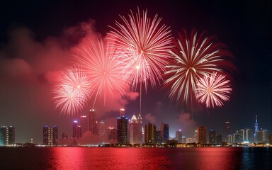 Fireworks over Abu Dhabi cityscape for the UAE national day cele. High quality