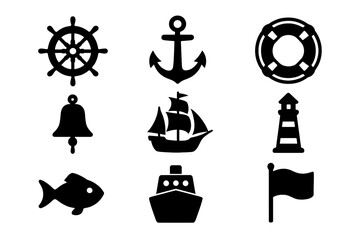 Nautical marine icon set. Sea and sailing symbols silhouette collection. Vector pack with ship wheel, anchor, lighthouse, lifebuoy, boat, fish, bell and flag icons.
