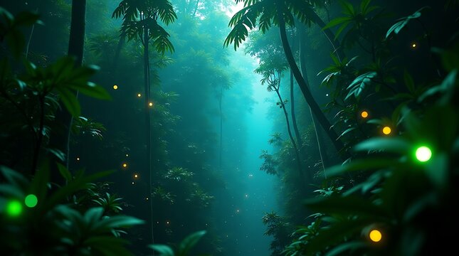 Enchanting jungle forest with fireflies wallpaper background nature scenery