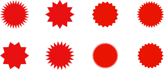 Set of sale sticker, price tag, starburst, sunburst badges, quality mark, sunburst badges, retro stars. Wavy edge. Star burst shape. Promo stickers with star edges. Sale or discount. Vector or PNG