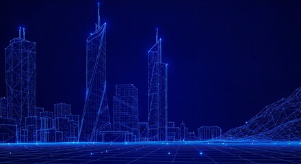 Futuristic Low Poly Wireframe Cityscape at Night with Glowing Effects