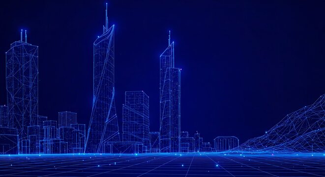 Futuristic Low Poly Wireframe Cityscape at Night with Glowing Effects