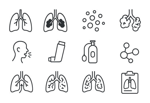 Smoking Effects Icons Grid. Outline icon set of effects of smoking on lungs: healthy lung, smoker lung, tar