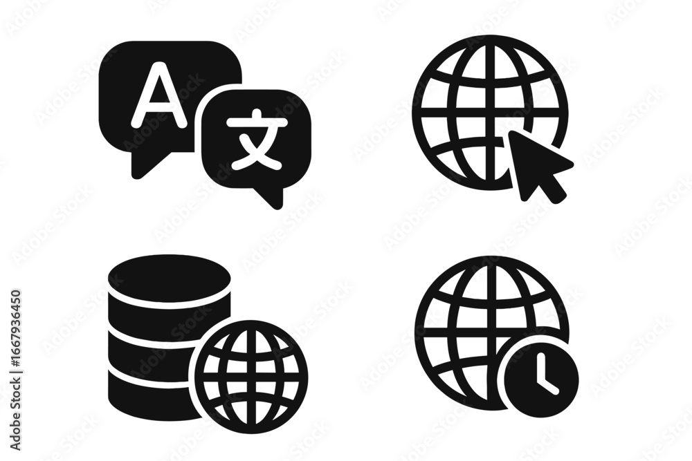 Poster global communication solid icon set. language translation, internet, web browser, global data server