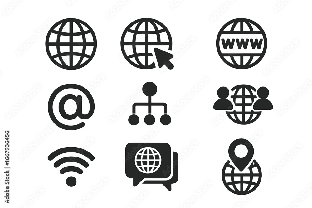Poster global communication solid icon set. internet and networking glyphs collection. vector symbols for w