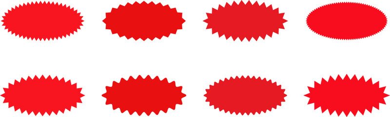 Set of sale sticker, price tag, starburst, sunburst badges, quality mark, sunburst badges, retro stars. Wavy edge. Star burst shape. Promo stickers with star edges. Sale or discount. Vector or PNG