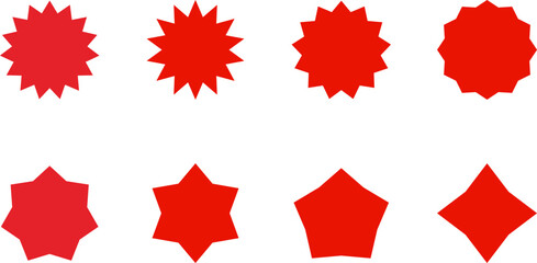 Set of sale sticker, price tag, starburst, sunburst badges, quality mark, sunburst badges, retro stars. Wavy edge. Star burst shape. Promo stickers with star edges. Sale or discount. Vector or PNG