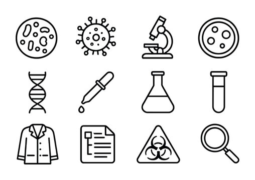 Microbial Evolution Icons. Outline icon set of Research on microbial evolution: bacterial colony, virus