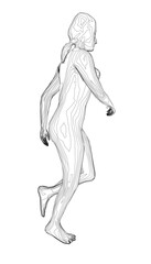 A woman running in dynamic motion, minimalist contour sketch on clean white background, fitness and active lifestyle concept.