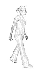 A determined woman walks with outstretched limbs, her hair in a neat bun and expression focused in this clean contour drawing.