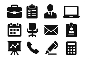 Office tools solid icon set, business and employment essentials, vector cartoon illustration, transparent background, organized icon collection for workplace and productivity