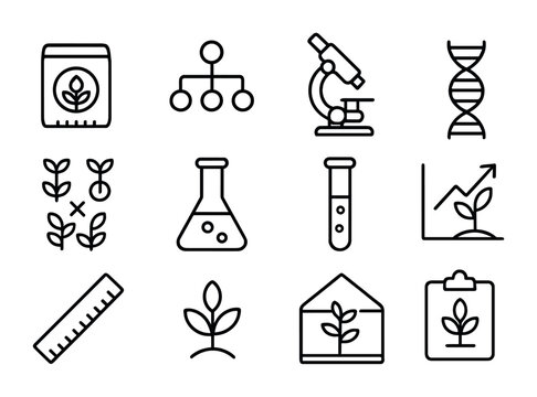 Crop Breeding Icons. Outline icon set of Crop breeding techniques: seed packet, genetic diagram, microscope,