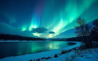 Magical, aurora, lights, blue, icy, green, colors reflecting, Christmas and New Year card background, cloud, sky, landscape, lake, water, river, snow, night, winter. High quality