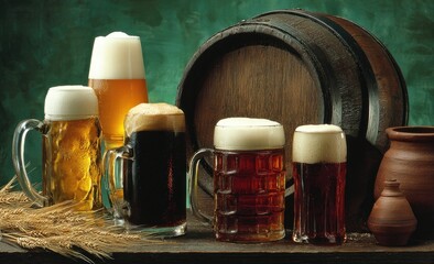 Assorted beers in glasses, beside a wooden barrel and earthenware