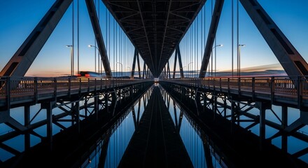 Fototapeta premium Suspension bridge reflection at dusk calm waters symmetrical structure