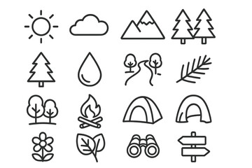 Nature and outdoors line icon set for adventure and travel. Outline symbols for camping, hiking, forest, landscape. Vector collection of mountain, sun, fire, and tent icons.