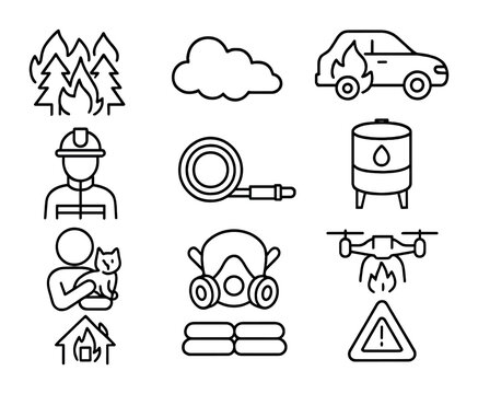 Wildfire Impact Icons. Outline icon set of Wildfire impact on towns: burning forest, smoke cloud, evacuated