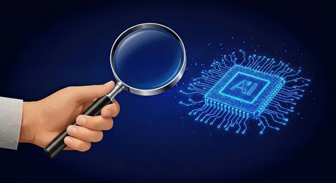 AI Chip on a Circuit Board and a Hand Holding a Glass