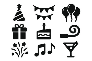 Party and celebration solid icon set. Festive event and birthday decoration elements. Vector glyph collection with gift, cake, balloons, fireworks, music and cocktail.