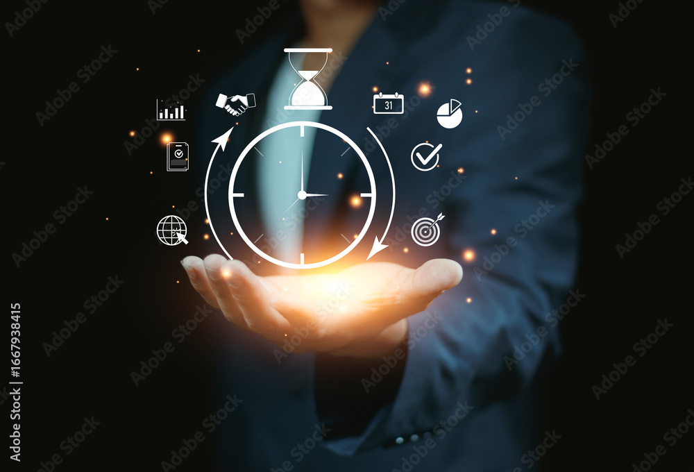 Poster time management and business strategy, saving working time to reduce costs, prioritization, scheduli