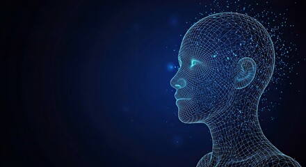 AI Analysis Concept with a Humanoid Digital Head and Data Flow