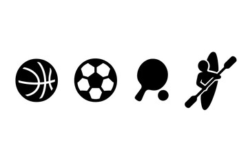 Sports and Recreation Silhouette Icon Set with Basketball, Soccer, Ping Pong, and Kayaking Paddle Vector Cartoon Illustration Transparent Background Ordered Set