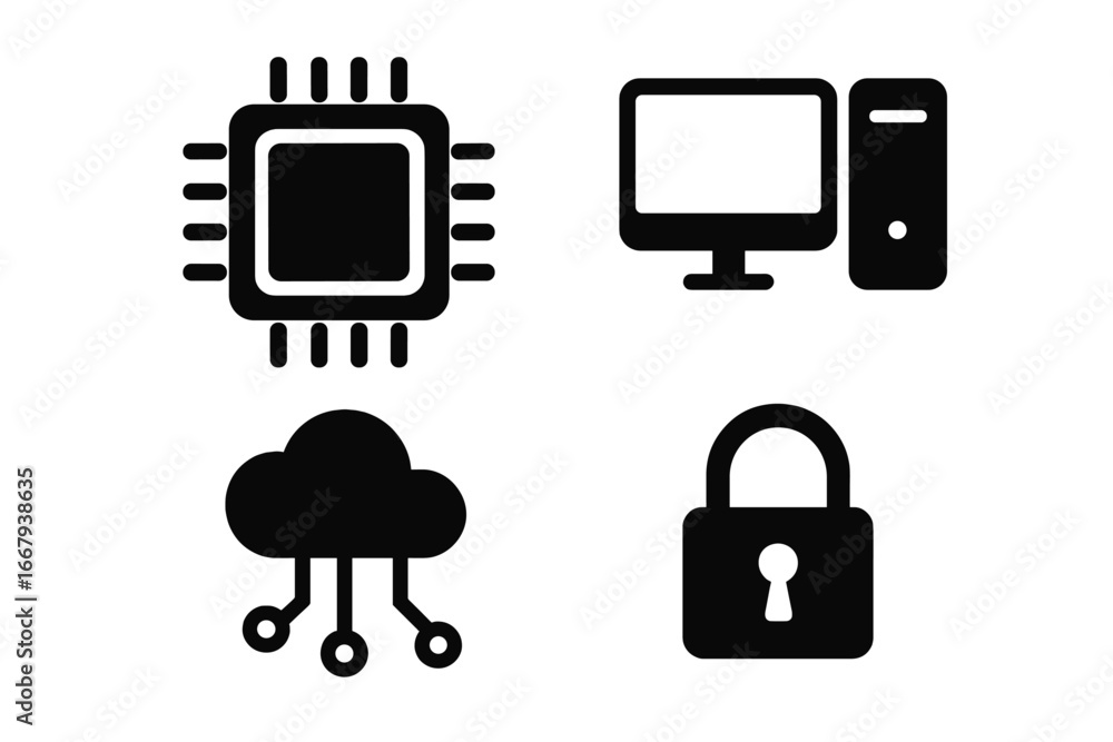 Poster technology hardware solid icons set, microchip, computing devices, cloud network, and security lock 