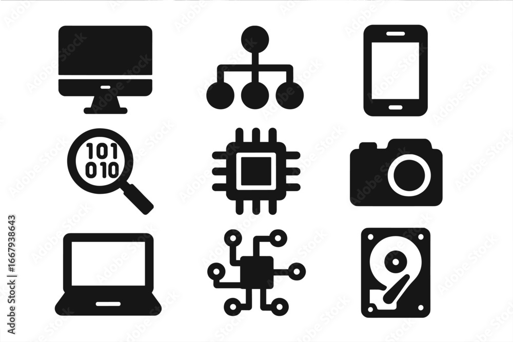 Poster technology and electronics solid icon set with computer, circuit, data device, and chip icons - vect