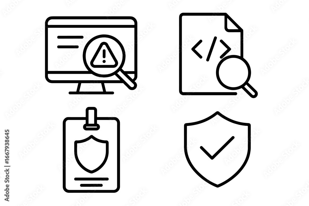Aufkleber security icon set with outline style for vulnerability scanning, compliance auditing, code inspectio