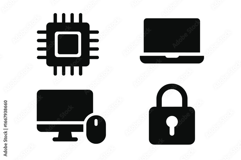 Poster technology hardware solid icon set with microchip, computer, laptop, security lock, and mouse vector