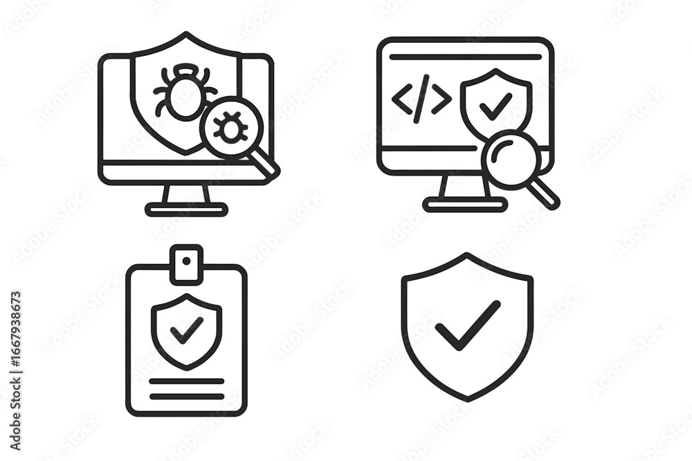 Poster security icon set with outline style including security scanning, vulnerability scanner, code scan, 