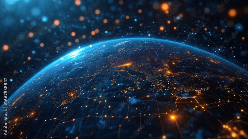Aufkleber global network connecting cities and data points across the illuminated earth