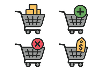 Shopping cart filled icon set, e-commerce and retail shopping symbols, online store cart vector collection, cartoon style transparent background, digital shopping icons pack