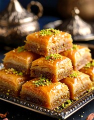 Stacked baklava squares on a tray