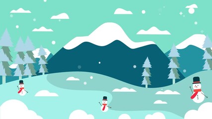 Animated christmas scene featuring a red car with a christmas tree on snow covered hills