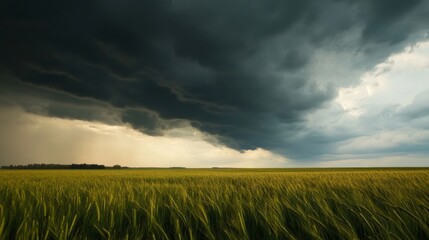 Imminent storm rolling over golden wheat fields rural landscape photography dramatic atmosphere wide-angle view nature's power