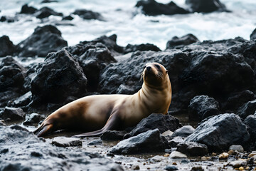 Naklejka premium California Sea Lion Posing on Coastal Rocks Wildlife Beach Scene Nature